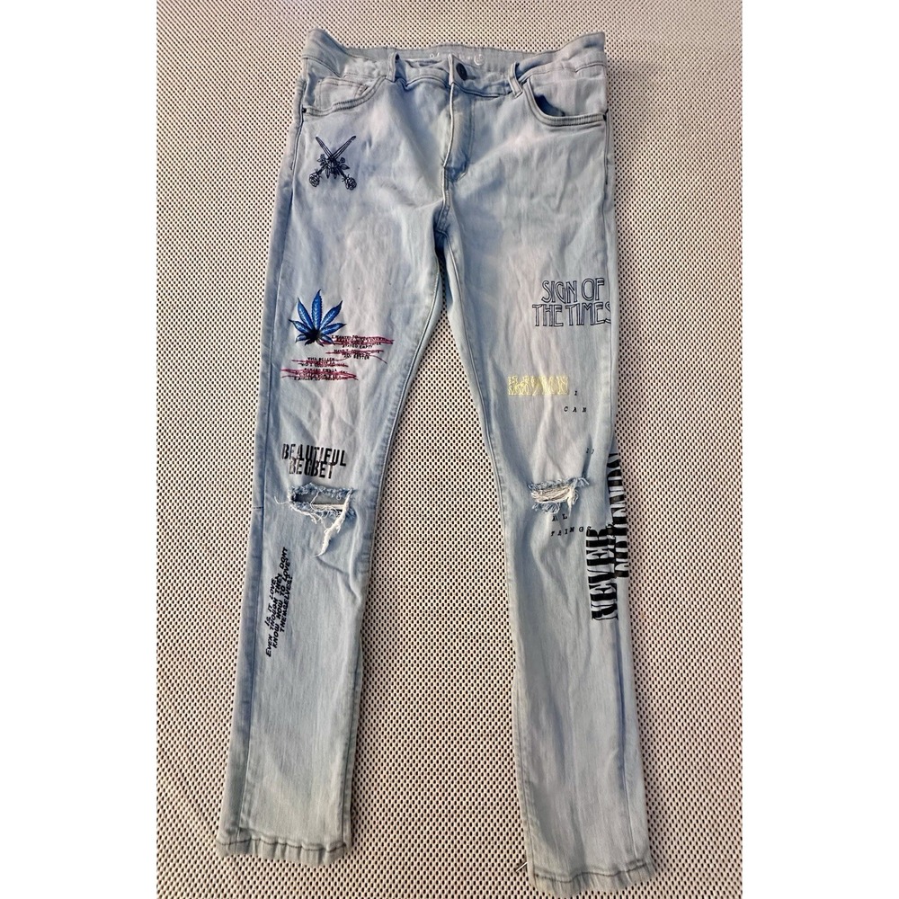 VTG Crysp Denim Jeans Mens 36 Grafitti Skinny Distressed Stretch Sz 36 Ankle Zip